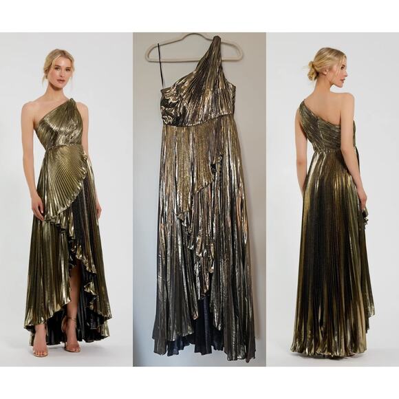 IEENA for Mac Duggal Dresses & Skirts - Gold Pleated Metallic One-Shoulder High-Low Gown – IEENA for Mac Duggal | Size 2